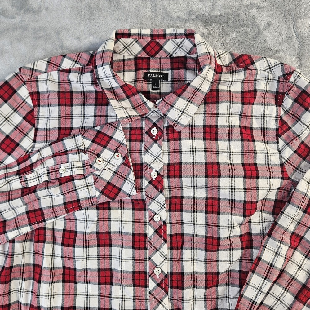 Talbots Womens Red White‎ Plaid Shirt Button Up Long Sleeve Size L Casual Dress